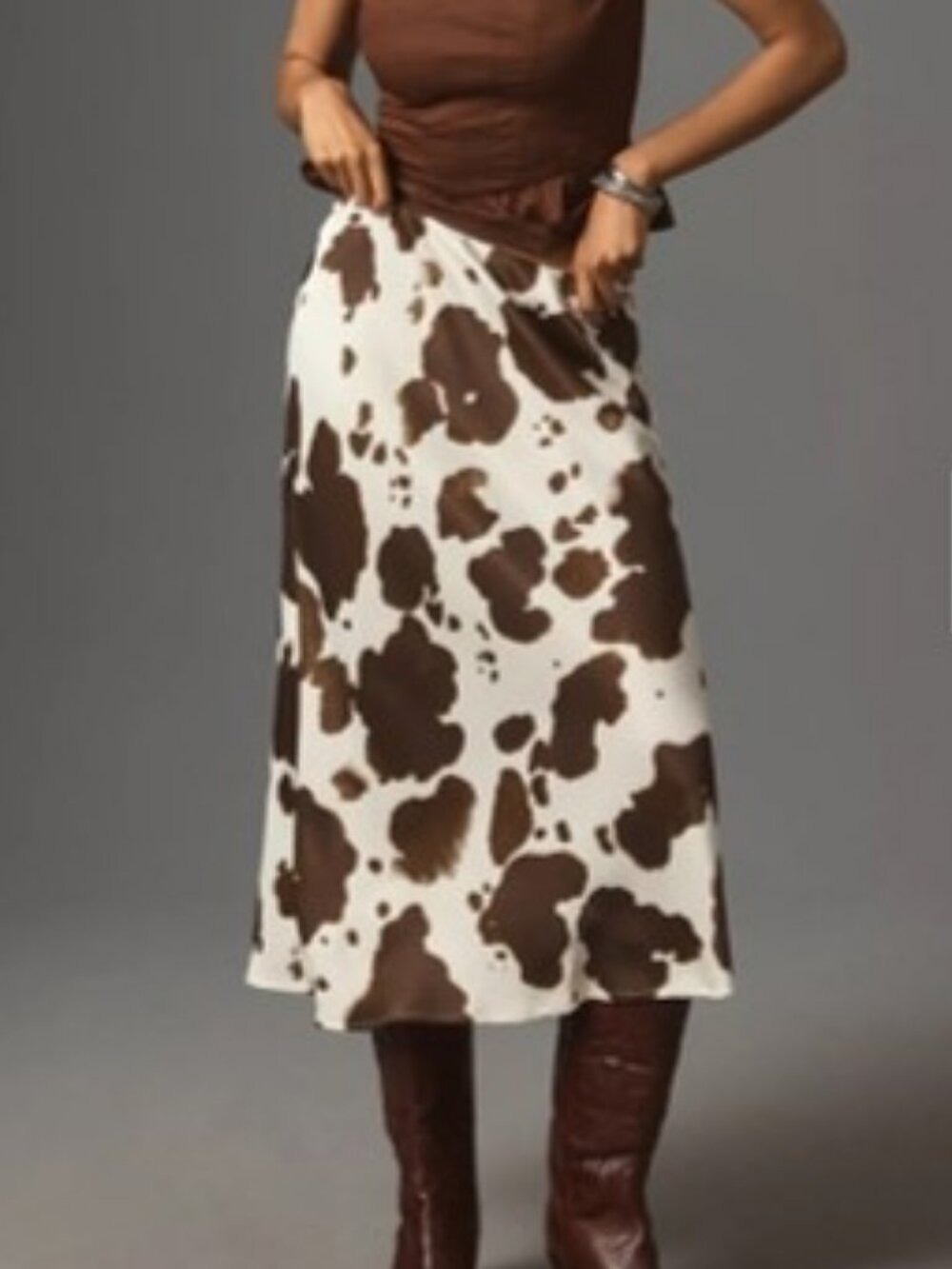 Anthropologie Tilda Midi Slip Skirt Cow Print Brown Off White M